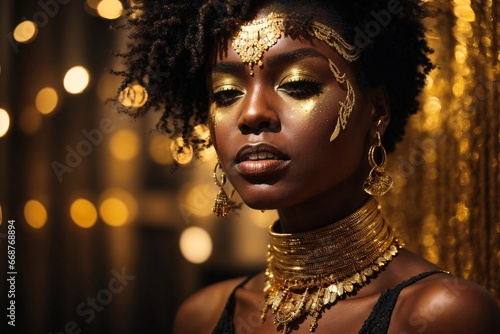 Close-up of a woman with gold paint on her face, portrait, Afrofuturism, luxurious gold jewelry, warm glow of lights, photo of an African-American woman, gold jewelry. © alexx_60
