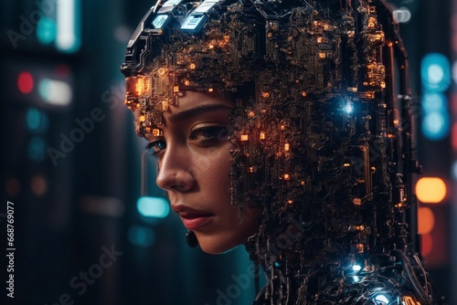 Cyborg Girl in Futuristic Atmosphere of the Future