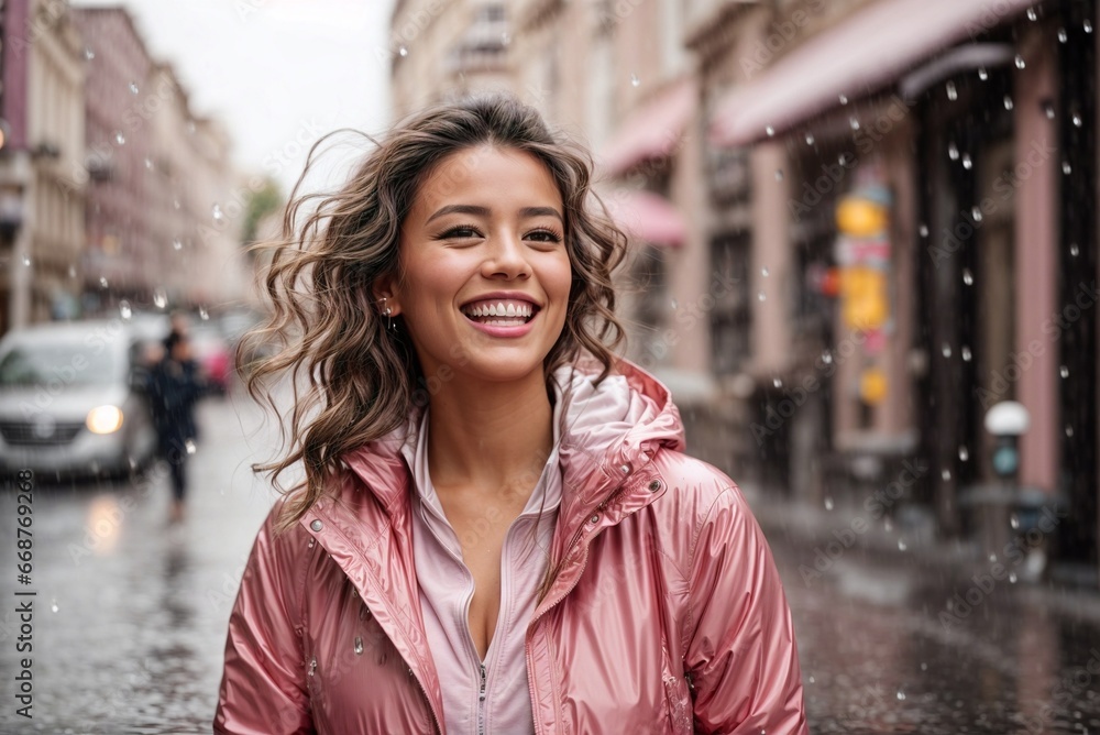 Fototapeta premium Happy Woman in Raincoat under Heavy Rain in the City.