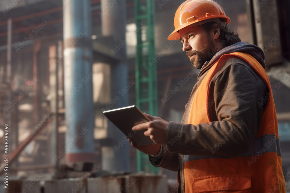 An engineer using a digital tablet on a construction site. An engineer using a digital tablet on a construction site.