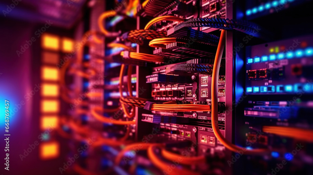 Internet cables and wires in server room with switch. Network background.