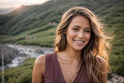 Happy Woman with Wavy Hair, Portrait in Nature