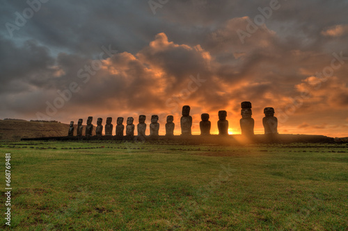 moais in Tongariki at sunrise, Rapa Nui, Easter Island