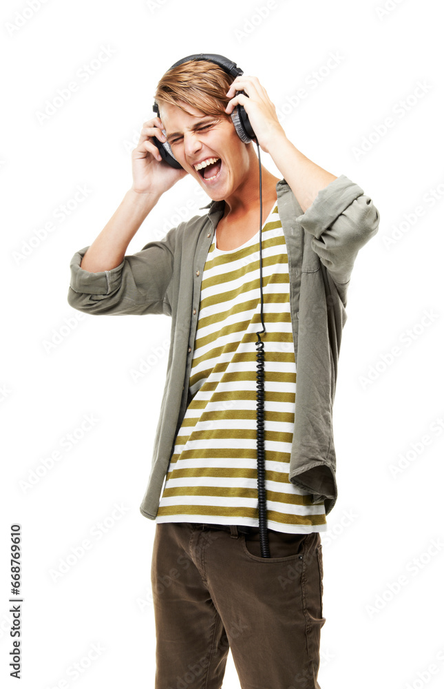 Singing, music and man with headphones in studio white background streaming audio online. Radio, sound and person screaming and listening to rock, metal or hip hop track on technology with energy Singing, music and man with headphones in studio white background streaming audio online. Radio, sound and person screaming and listening to rock, metal or hip hop track on technology with energy