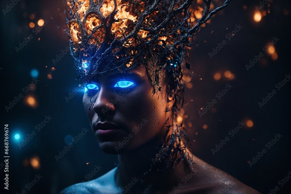 A Man with Burning Blue Eyes and a Fiery Crown on His Head: Digital Art, Fire Spell, Angry God, High-Quality Fantasy Photo