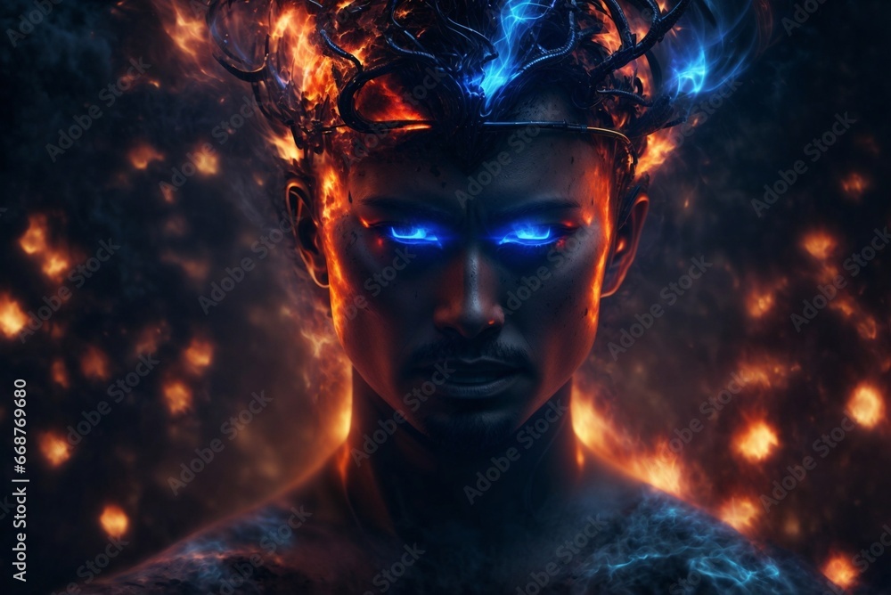 A Man with Burning Blue Eyes and a Fiery Crown on His Head: Digital Art, Fire Spell, Angry God. A Man with Burning Blue Eyes and a Fiery Crown on His Head: Digital Art, Fire Spell, Angry God.