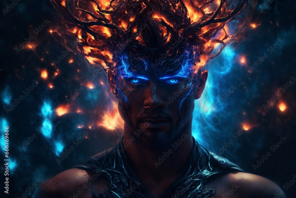 A Man with Burning Blue Eyes and a Fiery Crown on His Head: Digital Art, Fire Spell, Angry God.