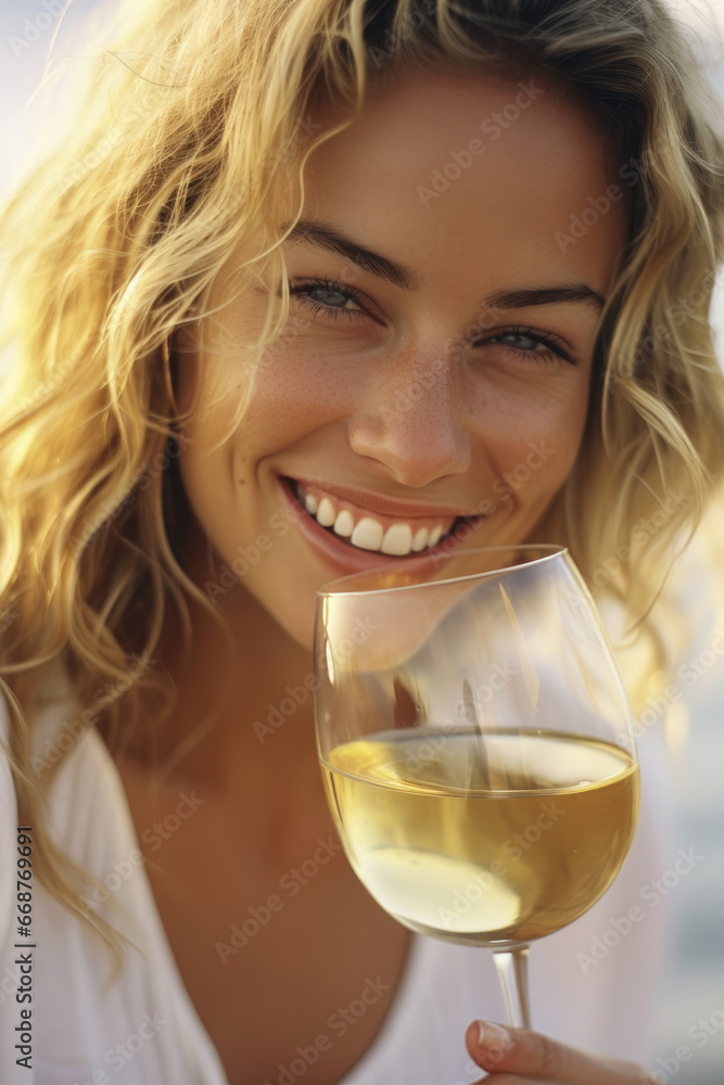 A smiling young woman drinking a glass of white wine A smiling young woman drinking a glass of white wine
