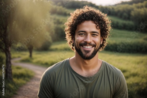 Happy Spanish Man with Curly Hair Smiling in the Park with Nature Background