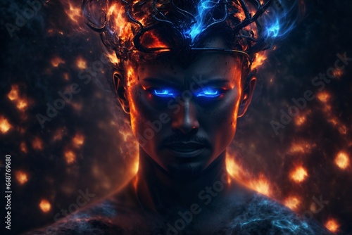 A Man with Burning Blue Eyes and a Fiery Crown on His Head: Digital Art, Fire Spell, Angry God.