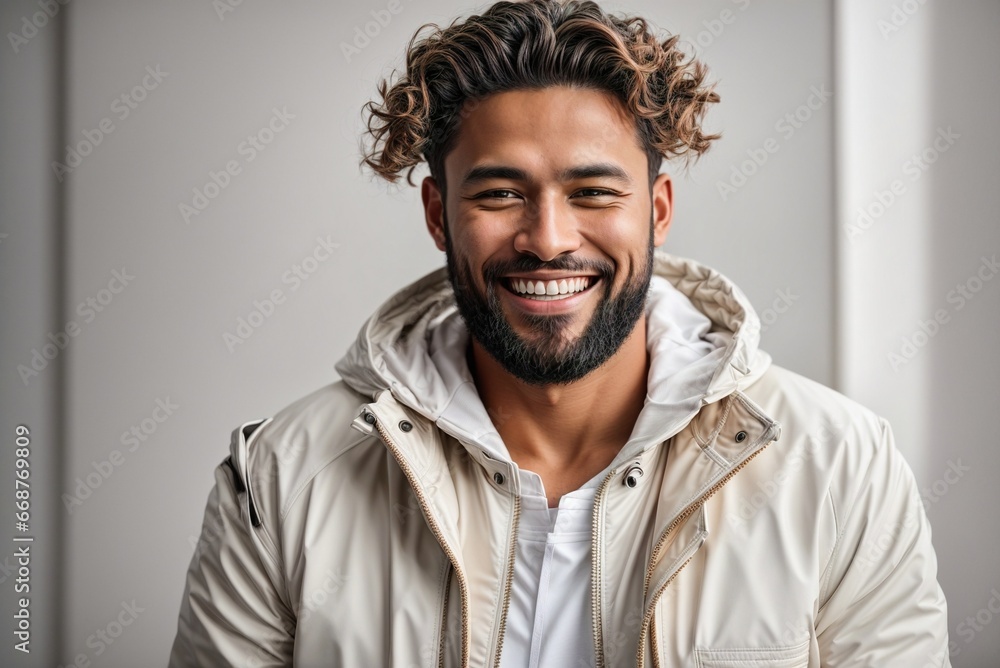 Happy Spanish Man with Beard in White Jacket, Portrait Happy Spanish Man with Beard in White Jacket, Portrait