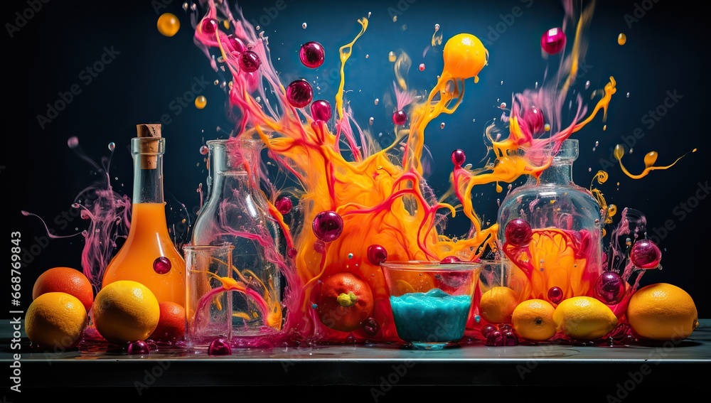 Explosion of colorful liquids among fruits and glass containers on a dark background. Abstract background and wallpaper. - obrazy, fototapety, plakaty 