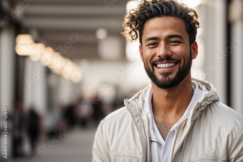 Happy Spanish Man with Beard in White Jacket, Portrait