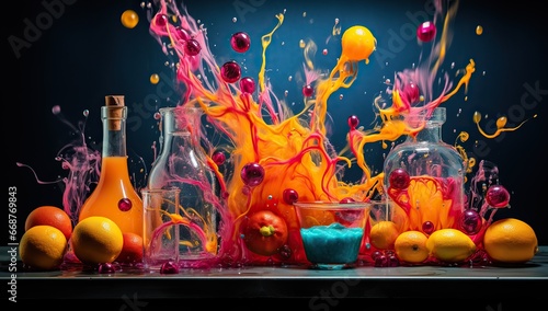 Explosion of colorful liquids among fruits and glass containers on a dark background. Abstract background and wallpaper.