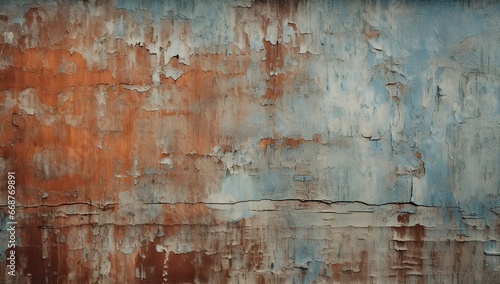 Old wall with peeling paint in various shades: from orange to blue. Abstract background and wallpaper.