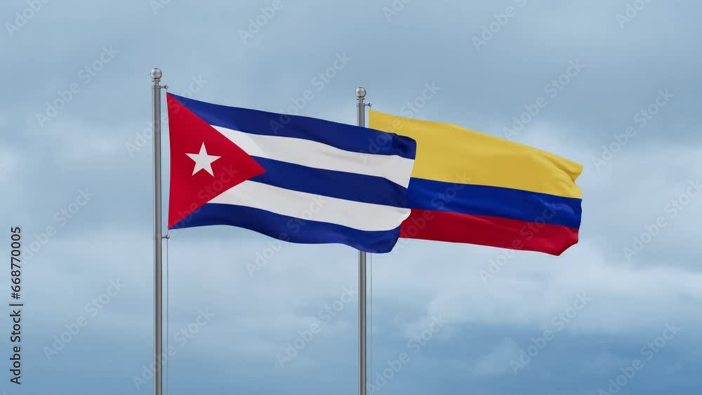 Colombia and Cuba flag waving together on cloudy sky, endless seamless loop, two country cooperation concept Colombia and Cuba flag waving together on cloudy sky, endless seamless loop, two country cooperation concept