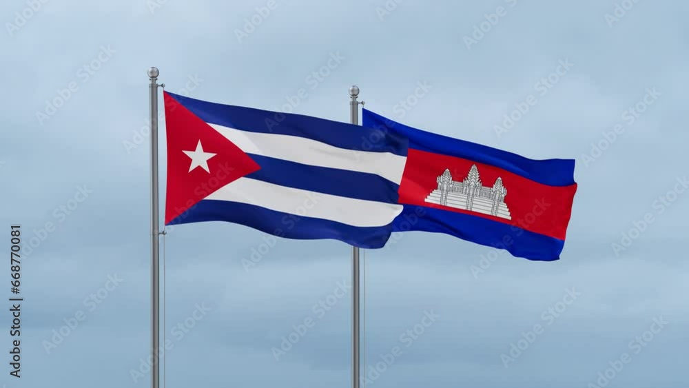 Cambodia flag and Cuba flag waving together on cloudy sky, endless seamless loop, two country relations concept Cambodia flag and Cuba flag waving together on cloudy sky, endless seamless loop, two country relations concept