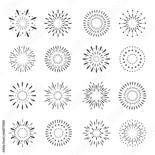 Colorful exploding festival fireworks set, Isolated on white background. Flat cartoon style. Design concept for holiday banner, poster, flyer, greeting card, decorative elements 