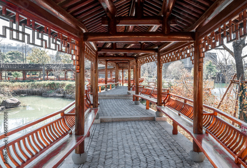 Chinese style garden wooden structure building courtyard corridor
