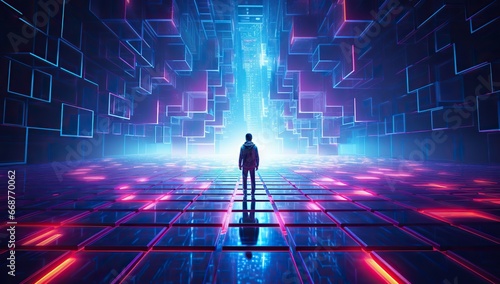 Figure of a person standing in front of a futuristic glowing corridor with geometric structures. Abstract background and wallpaper.
