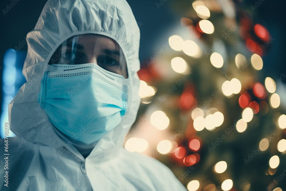 Generative ai picture of woman in decorated hospital for new year celebration Generative ai picture of woman in decorated hospital for new year celebration