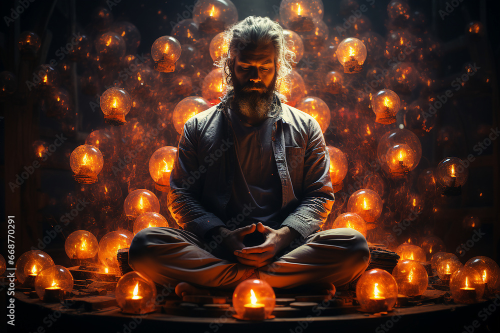 Generative AI picture of handsome middle aged mature man sitting lotus pose practicing yoga Generative AI picture of handsome middle aged mature man sitting lotus pose practicing yoga