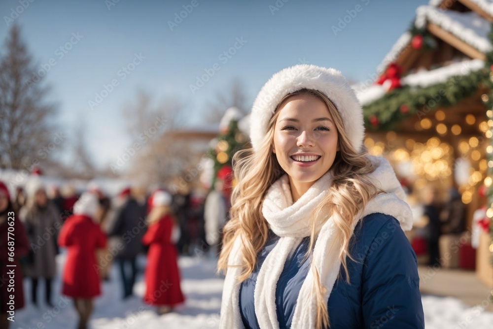 Happy Young Girl in Knitted Hat Against Christmas Sale Background: Portrait. Happy Young Girl in Knitted Hat Against Christmas Sale Background: Portrait.