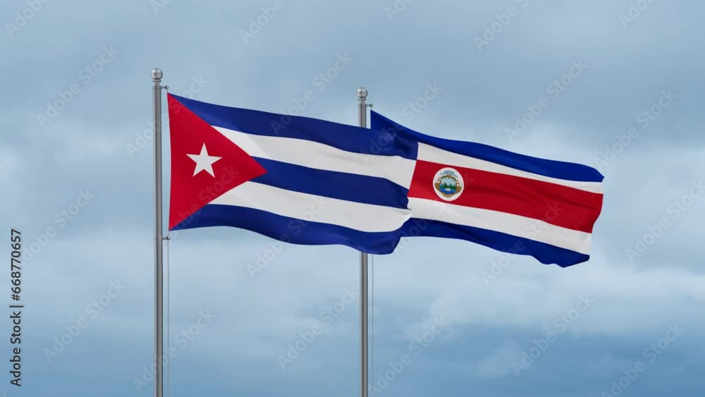 Costa Rico and Cuba flag waving together on cloudy sky, endless seamless loop, two country cooperation concept Costa Rico and Cuba flag waving together on cloudy sky, endless seamless loop, two country cooperation concept