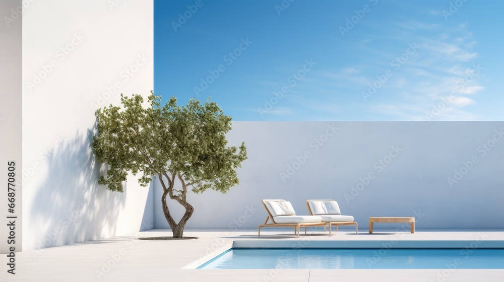 Luxury villa resort, blue swimming pool and sea, summer sky holiday, vacation travel, view water pool, beautiful nature, relax modern, background ocean, house architecture, white color, outdoor - obrazy, fototapety, plakaty 