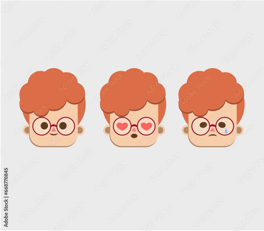 Vector cartoon boy face, smiley face, in love face, crying face, ginger boy in eyeglasses, child, kid, nerd Vector cartoon boy face, smiley face, in love face, crying face, ginger boy in eyeglasses, child, kid, nerd