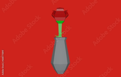 Flower in vase, low poly art, 3d model on red background