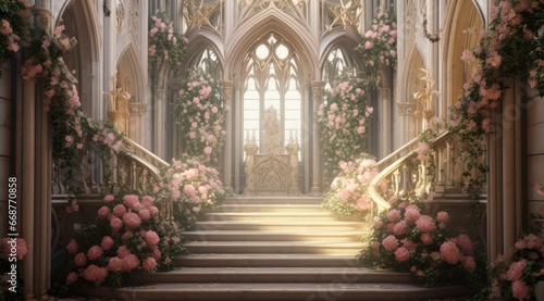 Fabulous Gothic palace, all in flowers and greenery. Wide staircases, columns and large windows in antique style, fairy tale