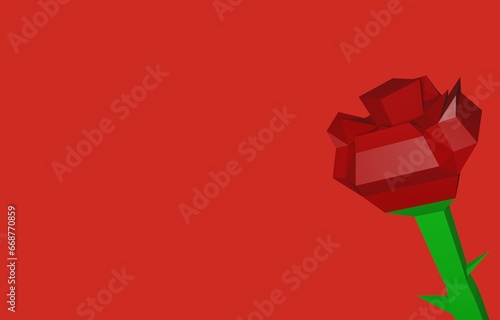 Red flower on red background, low poly 3d flower model, rose background
