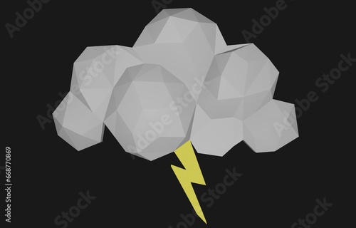 3d illustration of low poly cloud with lightning, upcoming storm