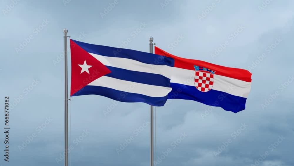 Croatia and Cuba flag waving together on cloudy sky, endless seamless loop, two country cooperation concept Croatia and Cuba flag waving together on cloudy sky, endless seamless loop, two country cooperation concept
