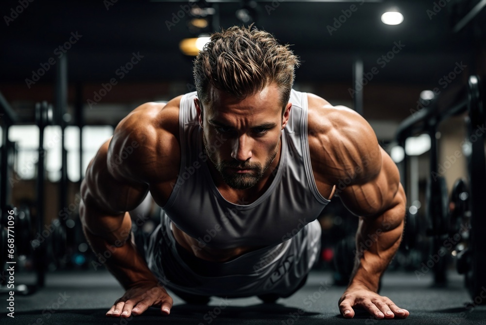 Gym Workout: Young Athletic Man Doing Push-Ups Gym Workout: Young Athletic Man Doing Push-Ups
