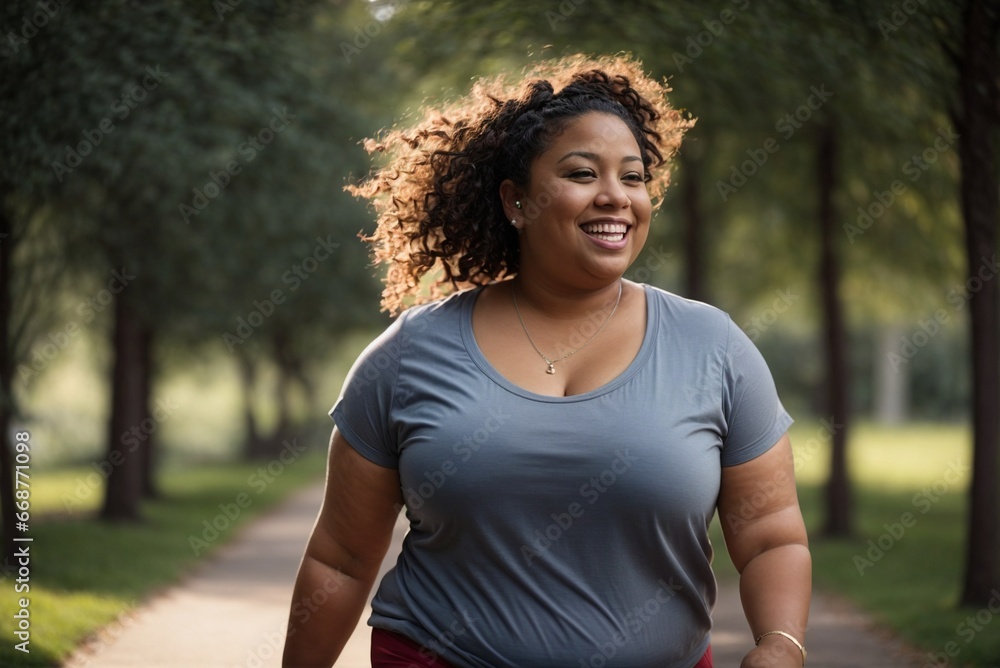Happy Afro-American plus-size woman jogging in the park on a sunny day Happy Afro-American plus-size woman jogging in the park on a sunny day
