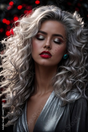 Beautiful young woman with gorgeous silver-light gray curly long hair, beauty portrait