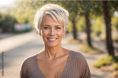 Happy Middle-aged Woman with White Hair in the Park