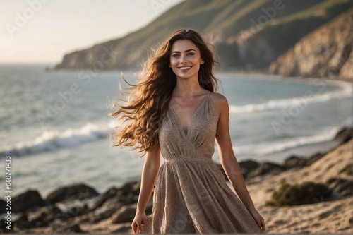 Happy young woman with brown hair on the seashore in a beautiful dress on a hill overlooking the sea.