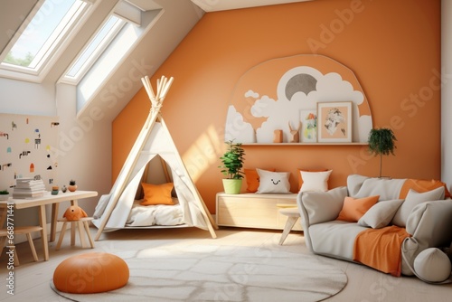 The interior of a modern children's room in the color of Peach Fuzz .  Color 2024 photo