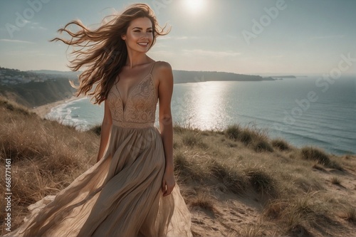 Happy young woman with brown hair on the seashore in a beautiful dress on a hill overlooking the sea. © alexx_60