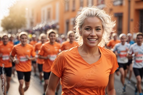 Happy European Scandinavian Woman with White Hair in Orange at a City Fun Run