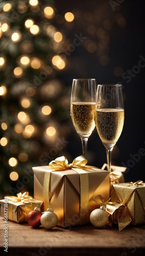 Champagne and Gift: Festive Atmosphere. Golden Details: Sparkle and Luxury.