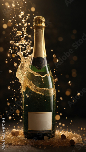 Mysterious close-up of champagne bottles. Champagne splashes: drops of joy in motion.