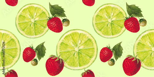 Fototapeta Naklejka Na Ścianę i Meble -  Lime Strawberry seamless pattern summer colorful background