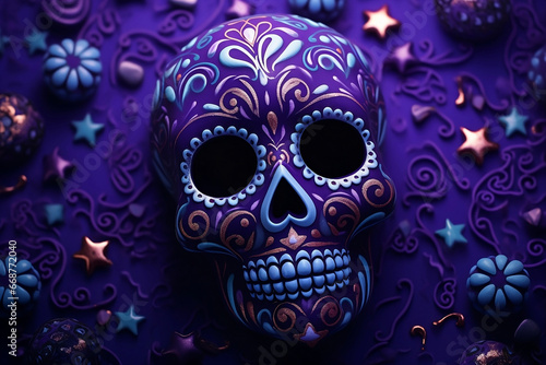 a Day of the Dead pattern with intricate designs  swirls  and stars in pastel colors on a purple