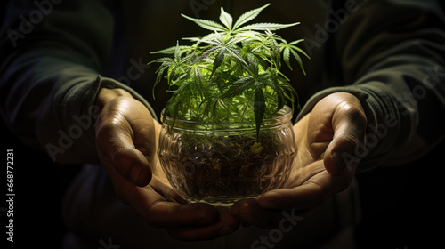 Planting and growing a hemp plant, cannabis legalization, small hemp plants cultivation | Generative AI photo