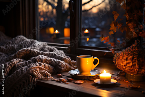 A warm, inviting winter atmosphere , a cup of coffee and a comfy sweater by the window. Ai generated