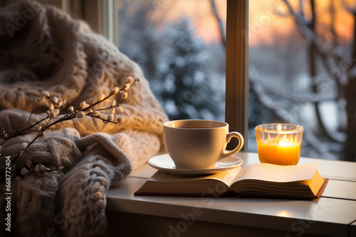 A warm, inviting winter atmosphere , a cup of coffee and a comfy sweater by the window. Ai generated